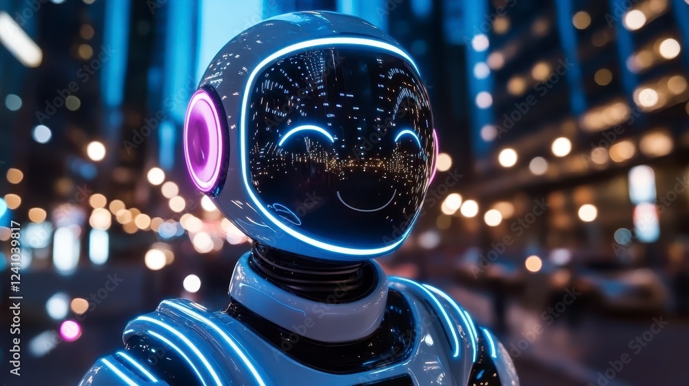 Poster close up of a stylized robot, featuring a friendly expression. the robot has a white helmet with glo