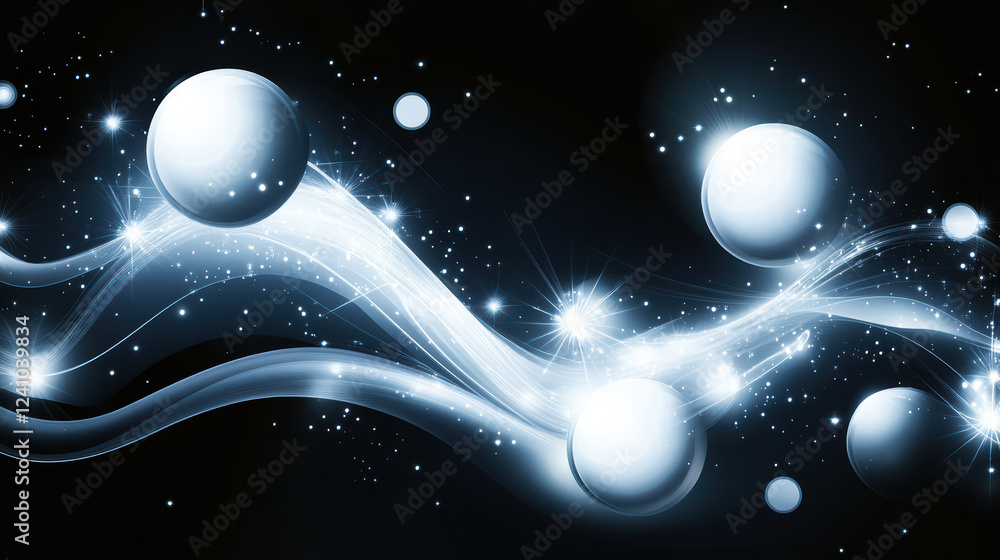 Poster realistic illustration of white spheres in motion, creating dynamic and ethereal atmosphere with glo