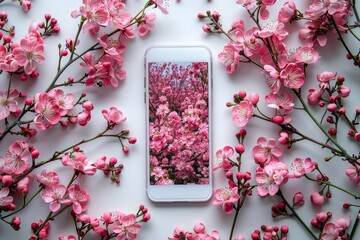 A white smartphone with a screen displaying blooming pink cherry blossoms (sakura), surrounded by branches of delicate sakura flowers. This modern concept embodies the elegance and renewal of spring