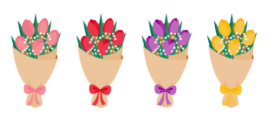Bouquets of colorful tulips and gypsophila isolated on white background. Holiday concept. Vector illustration