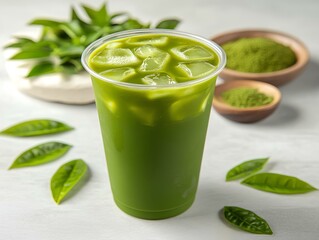 Iced matcha green tea latte in a glass on white background