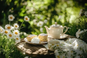 charming tea time scene set in a lush garden, featuring scones with cream on a rustic table surrounded by daisies. the warm sunlight caresses the setting, evoking a sense of relaxation and indulgence
