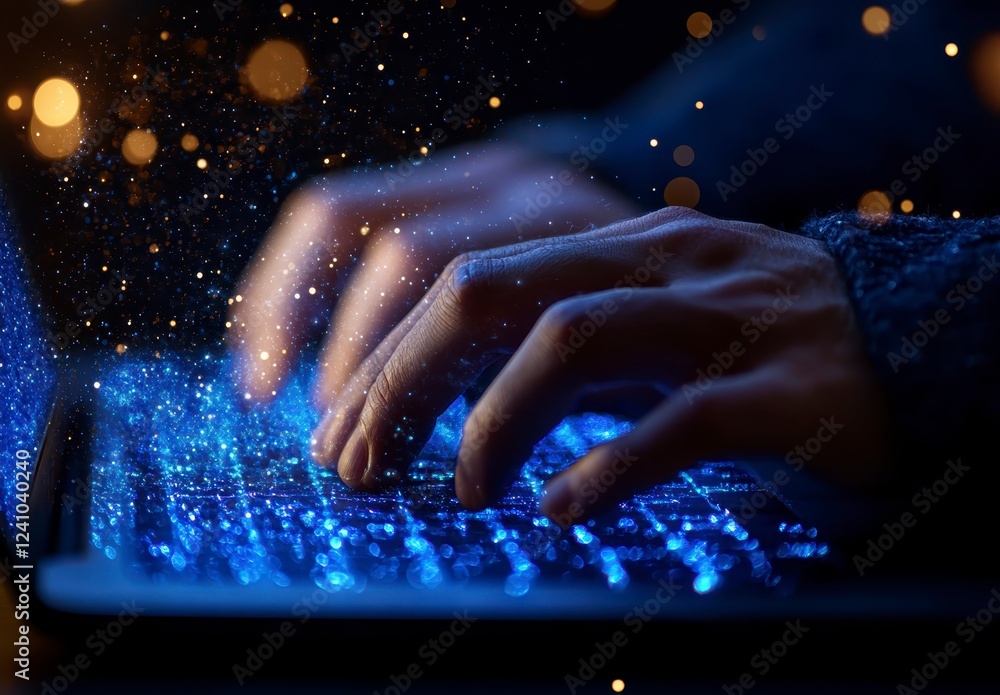 Poster close up view of hands typing on a glowing blue laptop keyboard in a dark setting with glittering pa