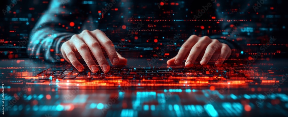 Poster close up of hands typing on a glowing, digital keyboard, with a background of overlapping digital co