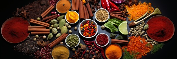 Spice Palette, assorted spices in round plates, artistic arrangement, flat layout