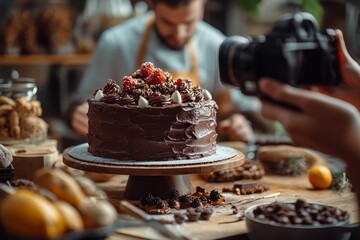 Delicious chocolate cake photoshoot, kitchen setting