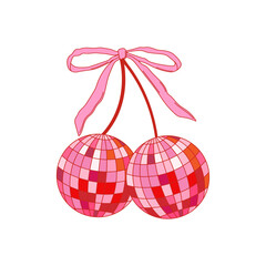 Coquette cherry disco ball with bow. Retro mirror disco ball isolated on white background. Vector illustration disco print for poster, postcard design etc.