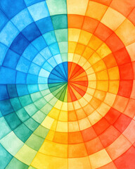 Vibrant geometric mandala with colorful radial patterns in blue, yellow, and red