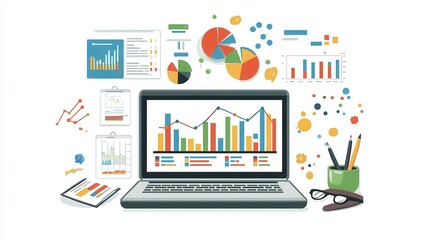 Business analysis workspace setup featuring charts, graphs, and a laptop on a clean desk, professional yet approachable environment
