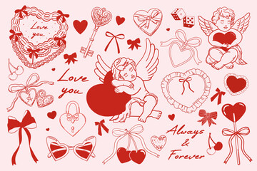 Valentine’s Day collection. Valentine core. Red and pink coquette cute vintage illustration. Vector of cupids, more hearts, cake, cherry, bows etc. Elements for posters, cards, invitation etc.
