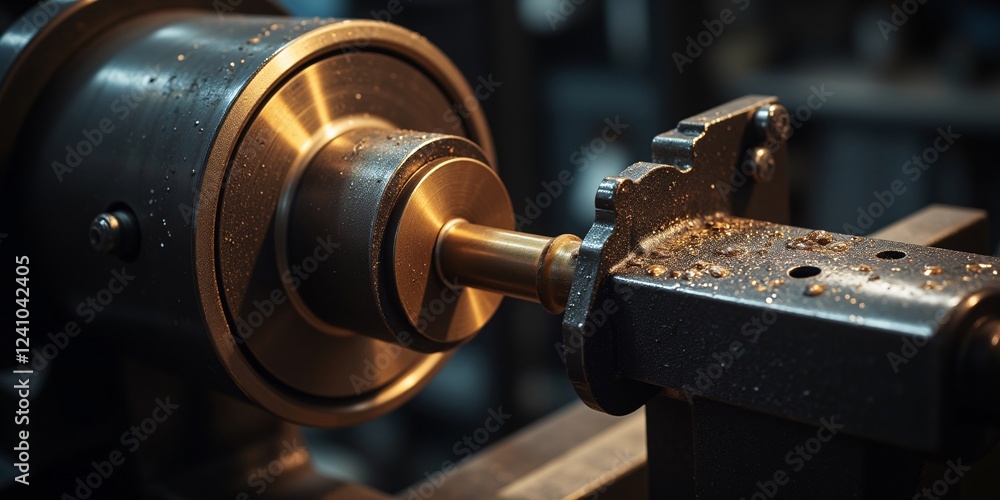 Poster precision engineering: a close-up of a metal lathe in action, showcasing intricate details and the a