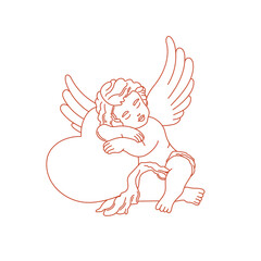 Valentines day linear illustration. Cute baby angel with wings and heart. Vintage cherub outlines. Vector on white background for posters, cards, printing on t-shirt etc.