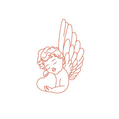 Valentines day linear illustration. Cute baby angel with wings and heart. Vintage cherub outlines. Vector on white background for posters, cards, printing on t-shirt etc.