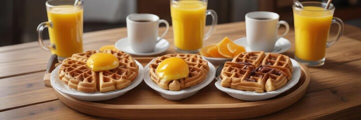 Fototapeta premium Waffle breakfast set with coffee and orange juice on a wooden tray, energizing, breakfast in bed