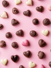 Fototapeta premium A Symphony of Hearts: A Delightful Collection of Exquisite Chocolate Hearts, Beautifully Displayed on a Pastel Pink Surface, Creating a Scene of Pure Romance and Sweet Indulgence
