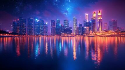 Fototapeta premium Night cityscape, harbor reflection, stars, futuristic, advertising