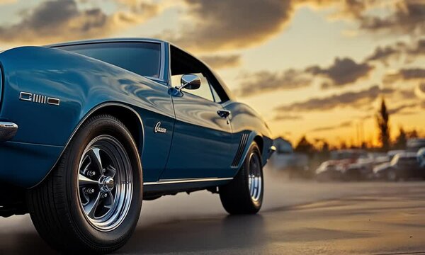 Blue Classic Car at Sunset Parking Lot