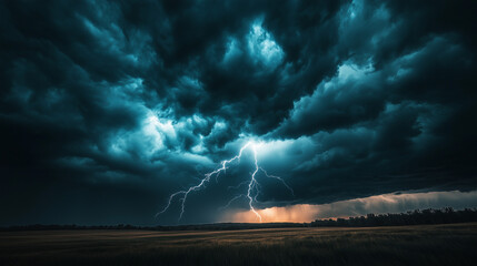 A dramatic lightning bolt striking the ground in the middle of an open field, with storm clouds swirling above,lightning in the sky