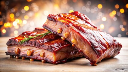 Delicious Smoked Pork Ribs Isolated on White Background - BBQ Meat Food Snack