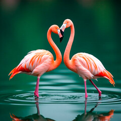 Two Flamingos stand in beautiful water