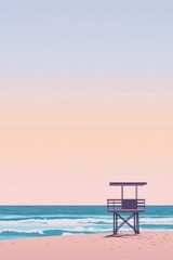 Pastel sunset on serene beach with lifeguard tower silhouette