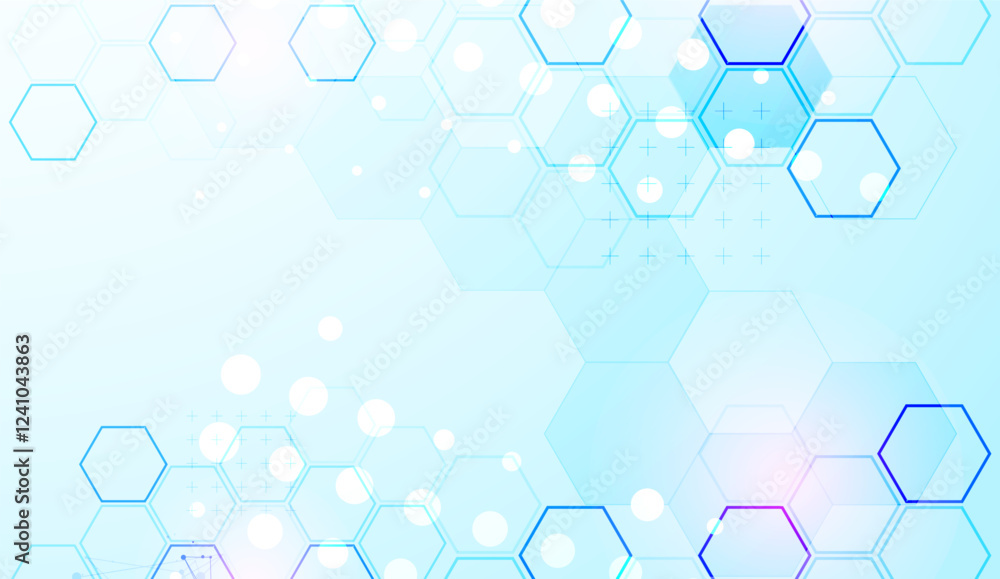 Poster Abstract science background with hexagons. Blue gradient. Vector.