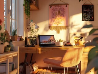 Freelancer lifestyle workspace featuring a creative desk setup, laptop, and cozy home accents, natural tones and relaxed vibe