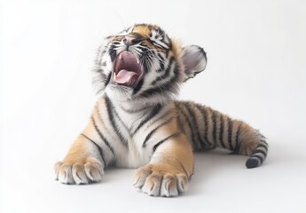 Fototapeta premium A small tiger cub rests against a plain white backdrop. Its mouth is wide open in a yawn, showcasing its soft fur and distinctive stripes. Gentle