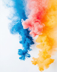 Colorful smoke swirls in blue, pink, and orange create vibrant atmosphere