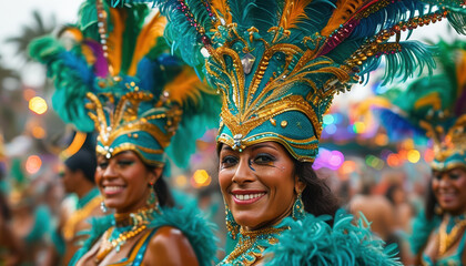 Vibrant carnival celebration with festive dancers in colorful costumes