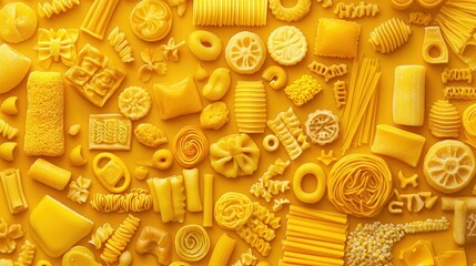 Flat lay of various yellow pasta shapes on yellow background.