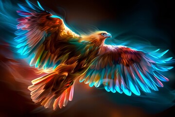 A vibrant eagle soars through a colorful, ethereal background, showcasing its majestic wings in a brilliant display of colors.