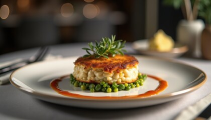 Gourmet risotto and peas dish with rosemary garnish on elegant plate