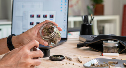 Asian male creative industries worker, choosing cannabis buds in an office, surrounded by a relaxed ambiance with cannabis equipment and accessories on the table.