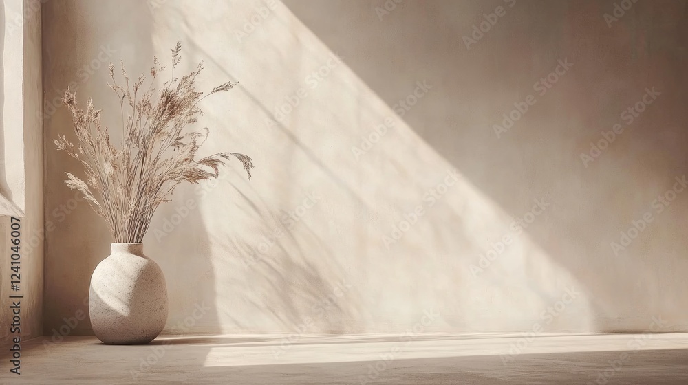 Poster neutral taupe gradient backdrop with light shining on dried grass in a vase minimal