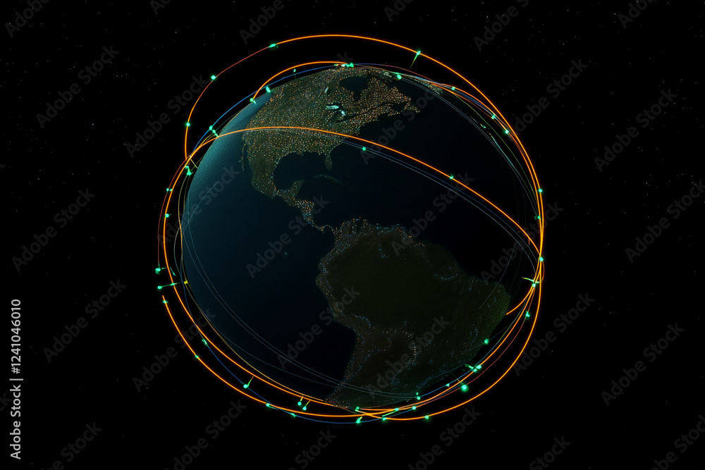 Poster A digital rendering of Earth with glowing network lines circling the planet, symbolizing global connectivity, satellite orbits, and modern technology in the digital age.