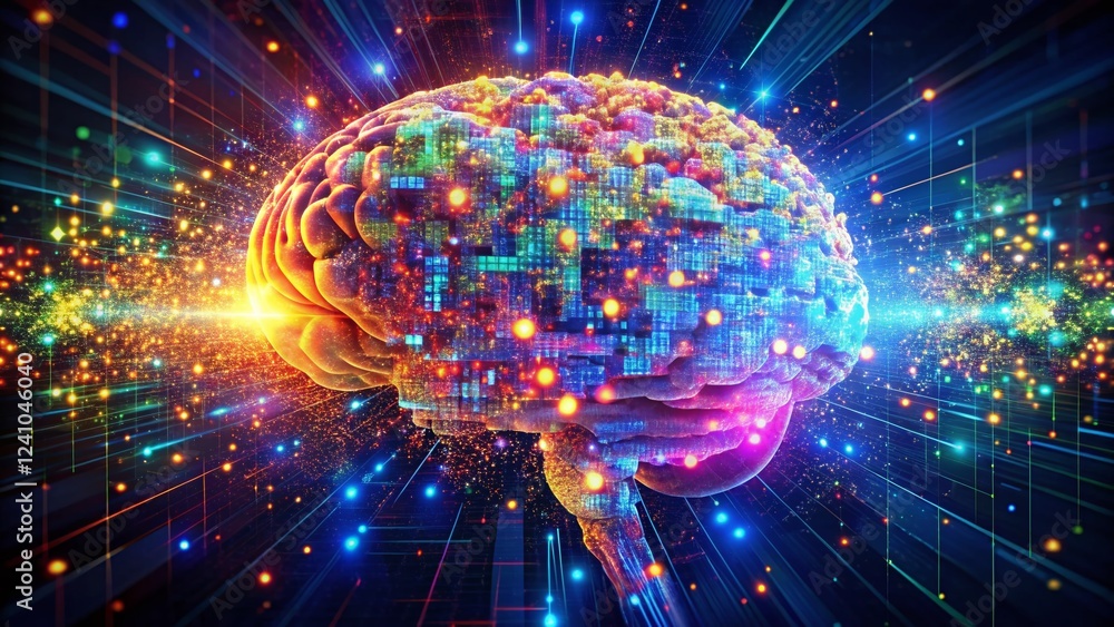 Aufkleber digital brain: pixelated ai neural network with data flow - stock photo