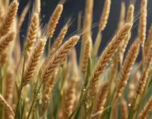 Close-up of wheat spikelets with small drops of water on the kernels, close-up photography, water droplets, natural condition, dew, moisture