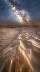A starry desert night with the Milky Way glowing brightly above vast sand dunes, creating a breathtaking and serene landscape.