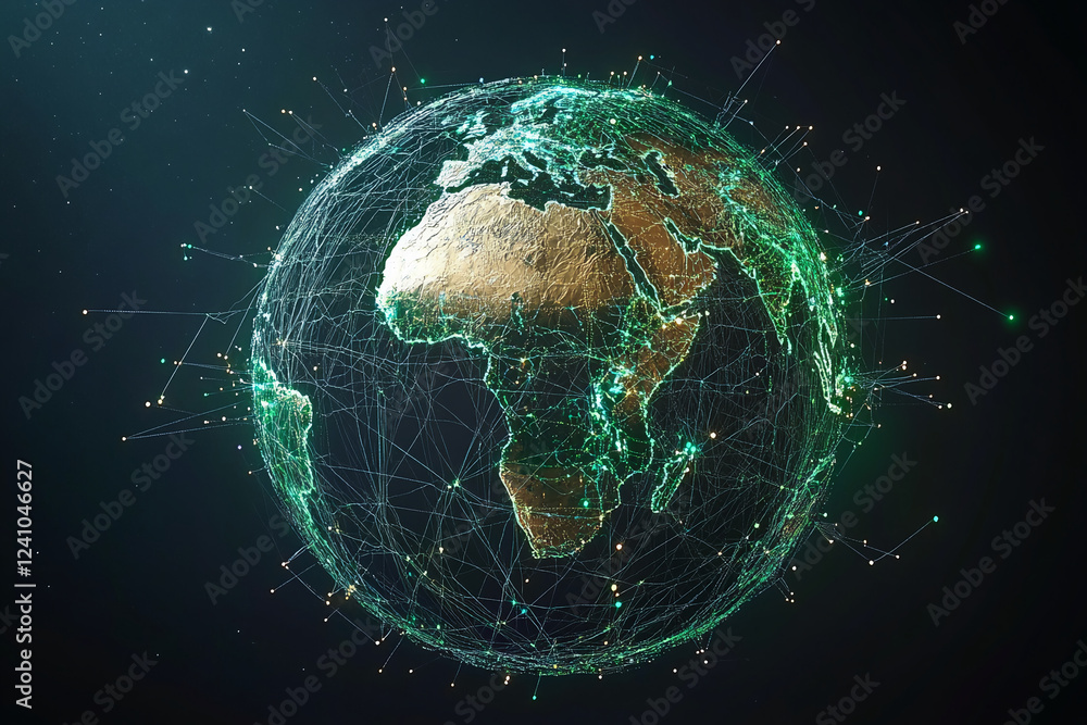 Poster A digital rendering of Earth with glowing lines representing a global network and satellite connections, symbolizing modern communication, connectivity, and digital transformation.