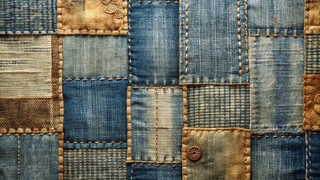 Distressed Denim & Tweed Patchwork Wallpaper: Rustic Vintage Texture Background