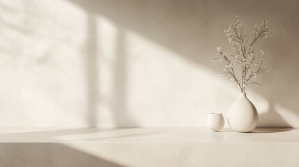 Neutral beige wall background with subtle textures, vase, plant and a small cup on a shelf