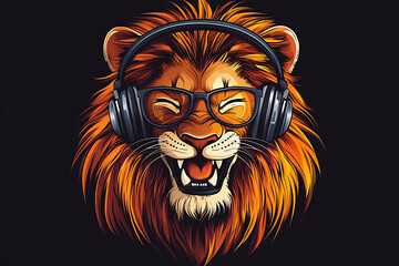 Obraz premium lion wearing headphones on a black background, music dj lion with sunglasses and headphones, lion wearing Headphones and sunglasses, 3d illustration, 3d rendering