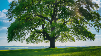 Fototapeta premium Green grass field with tree in summer sunlight