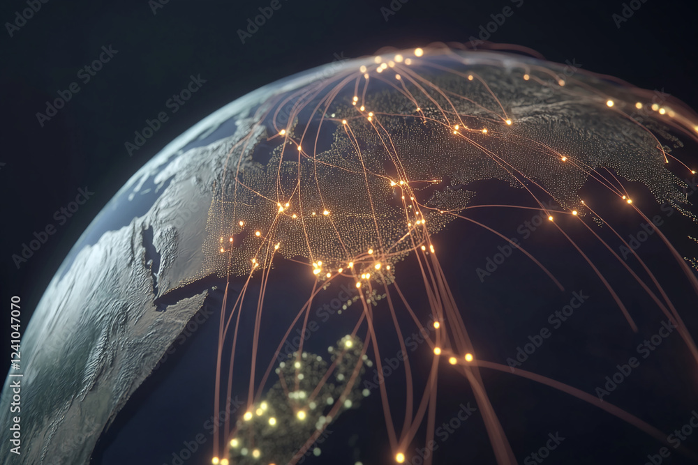 Poster A digital rendering of Earth with glowing connections representing global communication networks, symbolizing connectivity, data exchange, and the interconnectedness of the world.