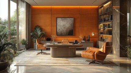A luxurious office in saffron tones with saffron walls, wooden furniture, beige leather chairs, glowing ambient lights, and metallic decor for a bold and elegant workspace 