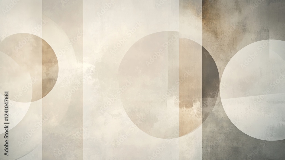 Poster neutral tones abstract composition with layered circles and vertical bars design