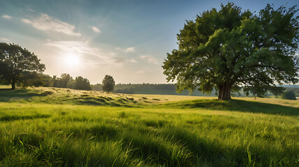 Obraz premium Green grass field with tree in summer sunlight