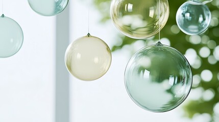 Elegant Floating abstract bubbles in soft spring colors like mint pale yellow and lilac glowing over a blurred pastel background spring freshness 