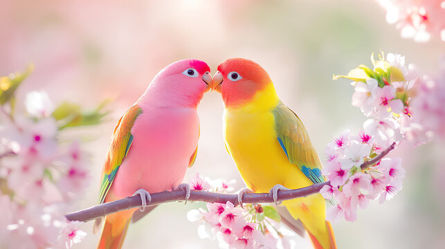  Two vibrant lovebirds perched on a blossoming tree branch, sharing a tender kiss against a soft pastel background.